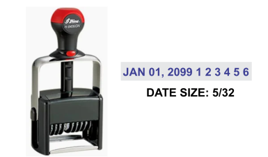 self-inking stamp features a heavy duty metal frame with a durable plastic body, making this an excellent choice for high volume stamping. The manual bands include: 12 year date bands with guaranteed 10 current years and 6 number bands, that can be custom