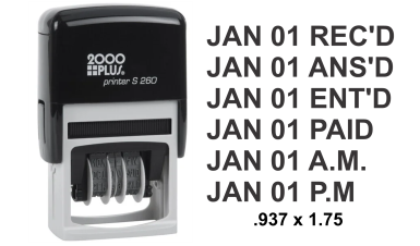 This stamp produces a crisp, clean impression every time using standard red and blue ink. The stamp's four-band system displays months, days, and up to five years, along with four interchangeable messages: "Scanned", "Emailed", "Entered", and "Completed".