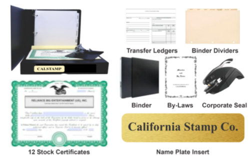 Corporate Kits with all components. Binder, Case, Seal embosser, Stock Certificates, By-Laws & Transfer Ledgers. Order now at CalStamp.com for fast shipping!