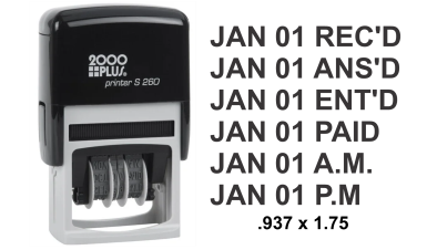 This stamp produces a crisp, clean impression every time using standard red and blue ink. The stamp's four-band system displays months, days, and up to five years, along with four interchangeable messages: "Scanned", "Emailed", "Entered", and "Completed".