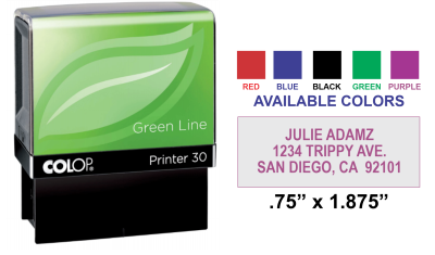 Eco-friendly Colop 30 Printer Green Line self-inking stamp. Impression size: 3/4in. x 1-7/8in. Shop now at CalStamp for sustainable office solutions!