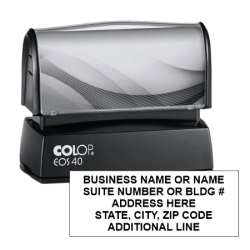 Get your 5 Line Address Stamp from CalStamp! Pre-Inked EOS-40, 2000 Plus HD-40 with a 7/8in x 2-5/16 impression. Perfect for clear, crisp addresses. Order now!