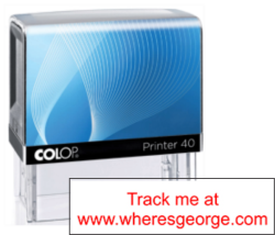 Track your bills with the Track Me Self-Inking Stamp! Impression size: .5 x 2". Start tracking at wheresgeorge.com. Buy now at CalStamp!