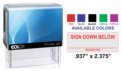 The Colop Printer 40 self-inking stamp is ideal for custom text & logos. Various colors. 15/16" x 2-3/8". Order this great rubber stamp now for fast shipping!