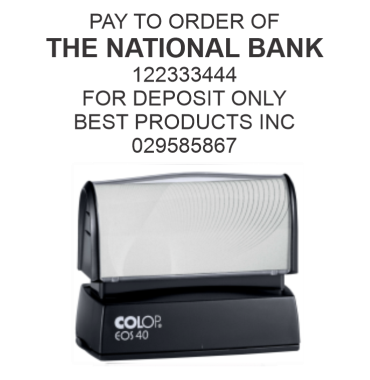 Get the 6-LINE COLOP EOS-40 Pre-Inked Endorsement Stamp for efficient check processing. Perfect for deposits! Order now from CalStamp and streamline your banking tasks.