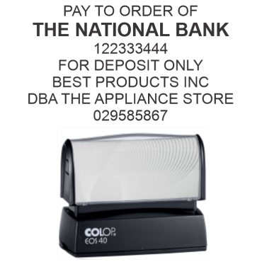 Get the popular 7 LINE COLOP EOS-40 Pre-Inked Endorsement Stamp at CalStamp. Perfect for deposits & endorsements. Order now for efficient stamping!