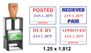 Shop the 2360 Green Line Self-Inking Dater at CalStamp! Durable metal design with a 1-1/4" x 1-13/16" impression size. Perfect for efficient, eco-friendly stamping. Buy now!