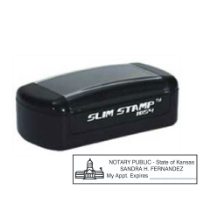 Get your KS Notary Slim Pre-Inked Stamp customized with your notary info. Order now and receive a copy for your notary application. Perfect for all your notary needs!