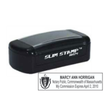Get your customized MA Notary Slim Pre-Inked Stamp with black ink. High-quality and personalized with your notary info. Order now at CalStamp!