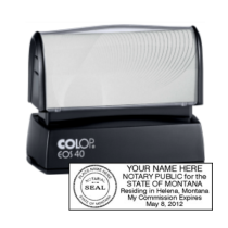 Get your customized MT Notary Colop Pre-Inked Stamp in black or blue ink. High-quality and personalized with your notary info. Order now at CalStamp!