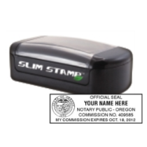 Get your customized OR Notary Slim Stamp, 3/4" x 2 3/8", black ink. Order now with your notary info and original certificate. Perfect for professional use!