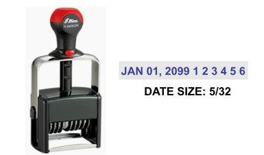 self-inking stamp features a heavy duty metal frame with a durable plastic body, making this an excellent choice for high volume stamping. The manual bands include: 12 year date bands with guaranteed 10 current years and 6 number bands, that can be custom