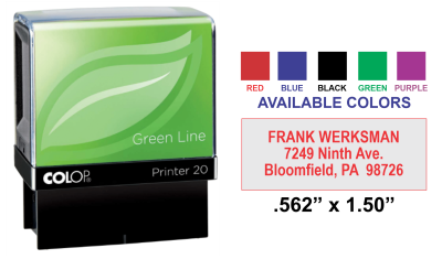 Eco-friendly Colop 20 Printer Green Line self-inking stamp. Impression size: 9/16in. x 1-1/2in. Order now at CalStamp for efficient and sustainable stamping!