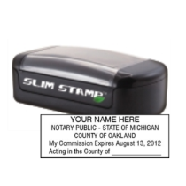 Get your MI Notary Slim Pre-Inked Stamp customized with your notary info. High-quality, rectangular design. Order now at CalStamp for fast, reliable service!