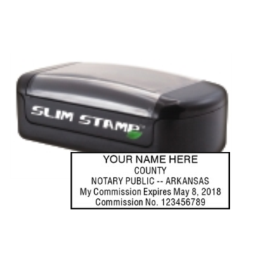 Get your customized AR NotarySlim Pre-Inked Stamp from CalStamp. High-quality, rectangular notary stamp tailored with your info. Order now for precision and durability!