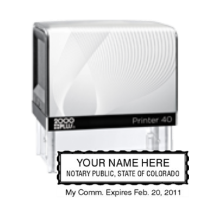 Get your custom CO Notary Self-Inking Printer Stamp! High-quality, personalized with your notary info. Commission Expires Date optional. Order now at CalStamp!