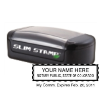 Get your custom CO Notary Slim Pre-Inked Stamp from CalStamp. High-quality, personalized with your notary info. Order now and ensure your documents are always official!