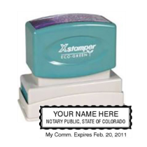 Get your customized CO Notary X-Stamper Pre-Inked Stamp at CalStamp. High-quality, rectangular notary stamp with optional commission expiry date. Order now!