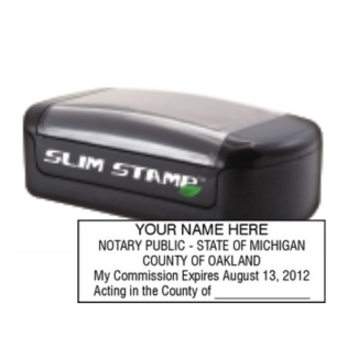 Get your MI Notary Slim Pre-Inked Stamp customized with your notary info. High-quality, rectangular design. Order now at CalStamp for fast, reliable service!