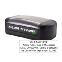 Get your customized MS Notary Slim Pre-Inked Stamp from CalStamp. High-quality, rectangular notary stamp personalized with your info. Order now for fast delivery!