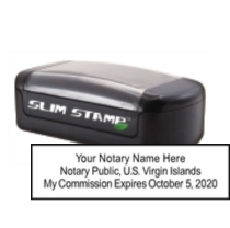 Get your customized VI Notary Slim Stamp - Layout 2 at CalStamp. High-quality, rectangular notary stamp tailored with your info. Order now for precision and professionalism!