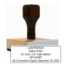 Get your customized VI Notary Stamp - Layout 1 at CalStamp. High-quality, rectangular design tailored with your notary info. Order now for precision and professionalism!