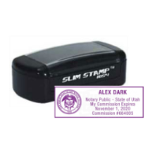 Get your UT Notary Slim Pre-Inked Stamp with purple ink and the Great Seal of Utah. Customize now with your notary info! Order your quality notary stamp today at CalStamp.