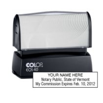 Get your custom VT Notary Colop Pre-Inked Stamp from CalStamp. High-quality, rectangular notary stamp personalized with your details. Order now for fast delivery!