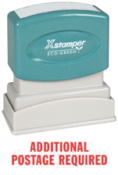 Ensure your mail reaches its destination with our 'ADDITIONAL POSTAGE REQUIRED' red title stamp. Order now from CalStamp! Impression size: 1/2" x 1-5/8".