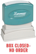 Get your 'BOX CLOSED-NO ORDER' red title stamp from CalStamp. Perfect for clear communication. Order now for fast shipping! Impression size: 1/2" x 1-5/8".