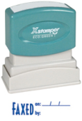 Get organized with the FAXED PTR 40 Blue Title Stamp from CalStamp. Perfect for office use, it reads 'FAXED ON/BY'. Order now for efficient document management!