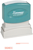 Get your SIGNED PTR 40 Red Stamp from CalStamp! Perfect for documents, it reads 'DATE/SIGNED:' with a 1/2" x 1-5/8" impression. Order now for fast shipping!